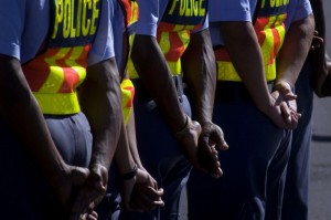 Members of the South African Police Service, and other emergency services, take part in the National Launch of the State of Readyness For FIFA World Cup. Photo: AFP/Rodger Bosch