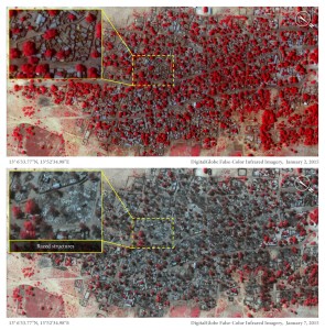 A satellite image of the town of Doro Gowon shows the town before and after the January 2015 Boko Haram attack. Click on the image for a larger view. Photo: Amnesty International