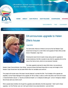 The Democratic Alliance's spoof press release on upgrades to Helen Zille's home 