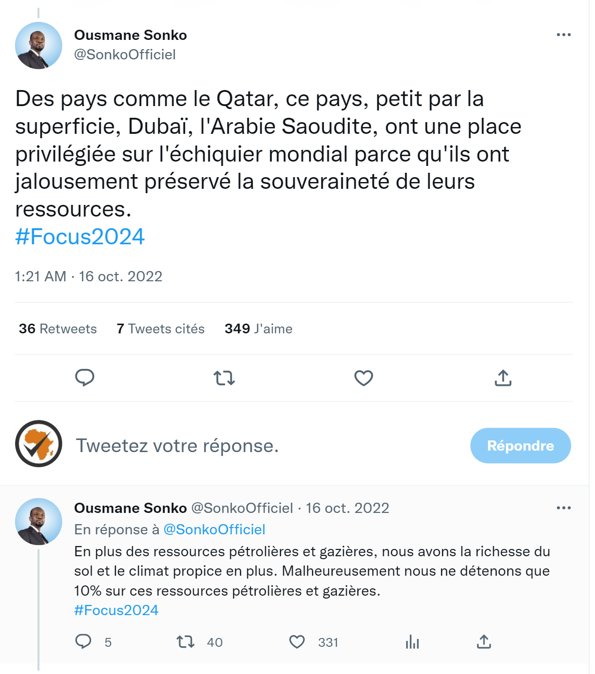 Capture d'écran du tweet d'Ousmane Sonko daté du 16 octobre 2022