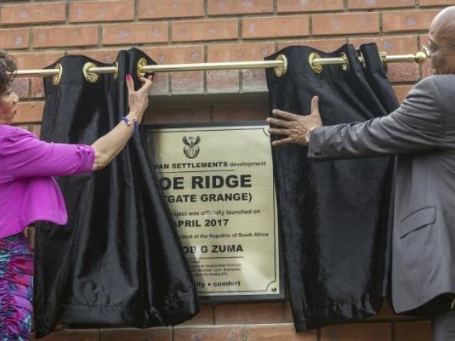 South Africa's housing minister, Lindiwe Sisulu, opens the Westgate social housing project in Pietermaritzburg in April 2017 together with President Jacob Zuma. Photo: AFP/RAJESH JANTILAL