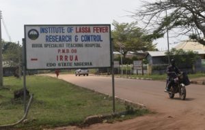 A street sign for the Institute of Lassa Fever Research and Control in Irrua in Nigeria's Edo State in March 2018. Photo: AFP/PIUS UTOMI EKPEI