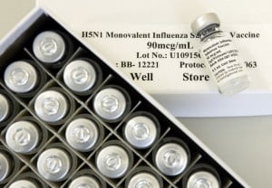 Vials of experimental flu vaccine is seen during a clinical trial to test its effectiveness to combat avian influenza. Photo: AFP