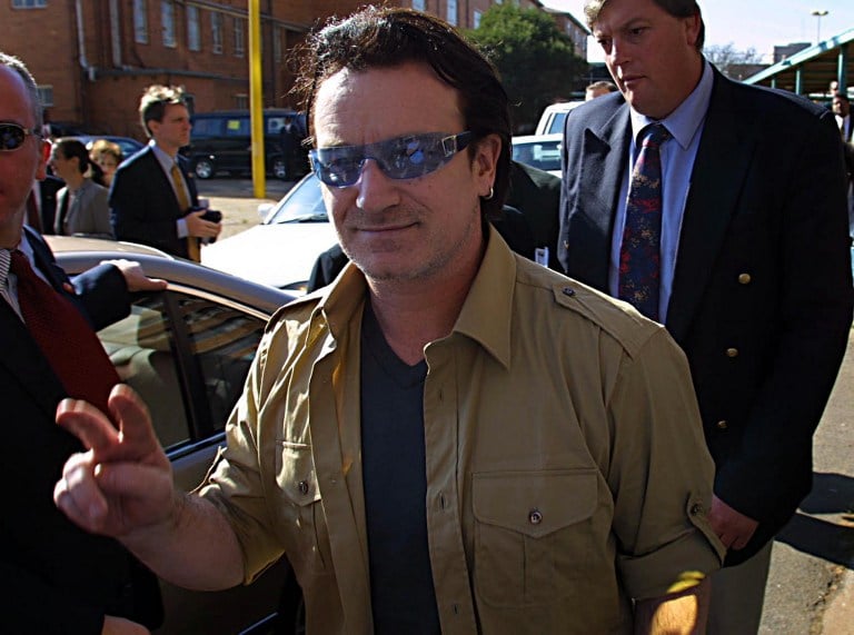 Irish rocker Bono arrives at the Chris Hani Baragwanath hospital to visit AIDS patients and their families in May 2002. Photo: AFP