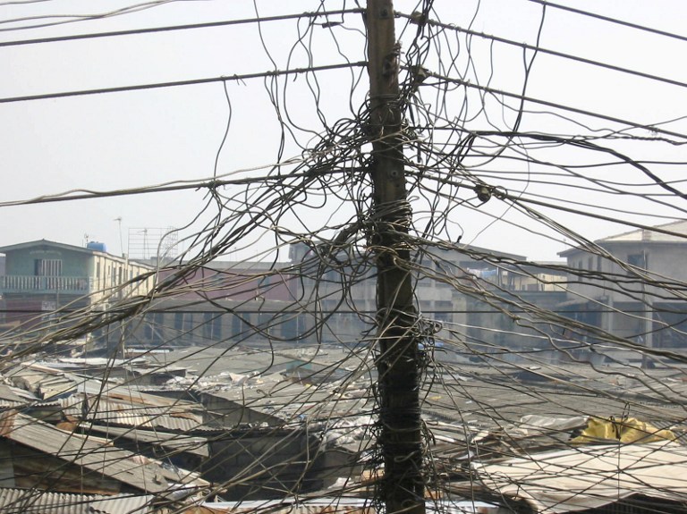 A file picture of a scramble of power cables in Lagos, Nigeria. Photo: AFP/Pius Utomi Ekpei