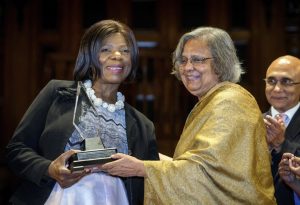 Former public protector Thuli Madonsela receives the Mahatma Gandhi Satyagraha Peace Award in Durban, South Africa, on November 7, 2016. Photo: Rajesh Jantilal/AFP