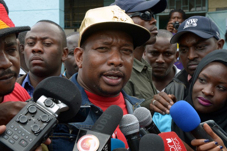 Nairobi's new governor, Mike Sonko, speaks to the media after casting his vote in the Jubilee Party's primaries in April 2017 in Nairobi. Photo: AFP/SIMON MAINA
