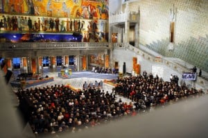 General view from the Nobel Peace Prize Ceremony in Oslo's City Hall on 10 December 2007, in which the laureates, the Intergovernment Panel on Climate Change, represented by the chairman, Rajendra K. Pachauri, and former US vice president Al Gore, were awarded the 2007 Nobel Peace Prize. Photo: AFP/Heiko Junge/SCANPIX NORWAY