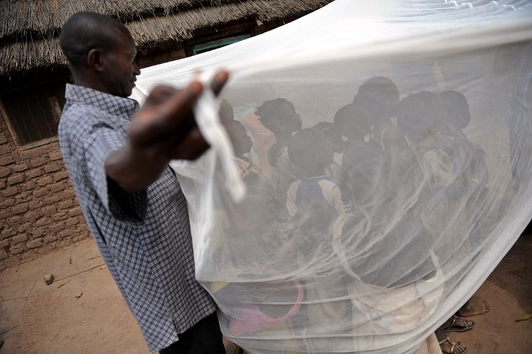 South Sudanese children are educated on the use of a long-lasting insecticide-treated net in Wau in April 2009. Photo: AFP/TONY KARUMBA
