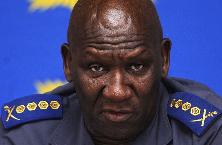 South African National police Commissioner Bheki Cele gives a press conference. Photo: AFP/Rodger Bosch
