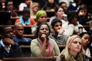 South African students from the University of Cape Town listen to Western Cape premier Helen Zille during a meeting at the university in May 2011. Photo: AFP/GIANLUIGI GUERCIA