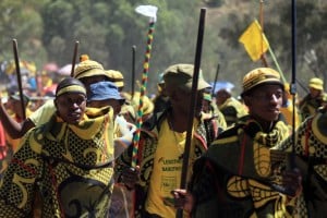 Supporters of Lesotho's All Basotho Convention (ABC)  during the party's last campaign rally ahead of the elections. Photo: AFP/Hlompho Letsielo
