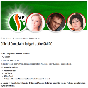A snapshot of the SAHRC complaint as it appears on suzette Bridges' website
