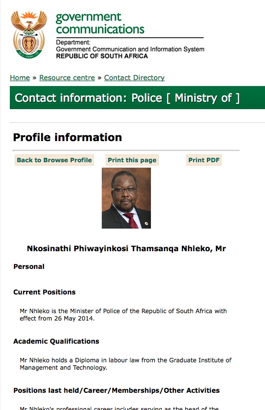South Africa's minister of Police Nathi Nhleko. Photo: GCIS