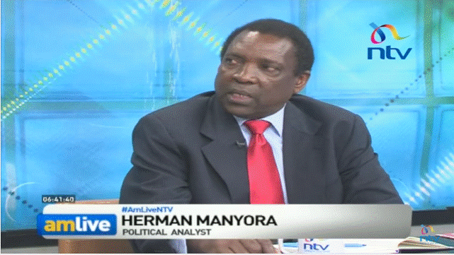 A screenshot of University of Nairobi lecturer Herman Manyora appearing on a morning show on Kenya's NTV station on 14 February 2017.