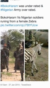 A screengrab of a tweet from 27 January 2015  claiming to show "Nigerian soldiers" running from a zebra.