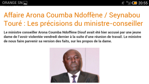 Capture d'écran de l'article de Dakaractu sur la réaction d'Arona Coumba Ndofène Diouf