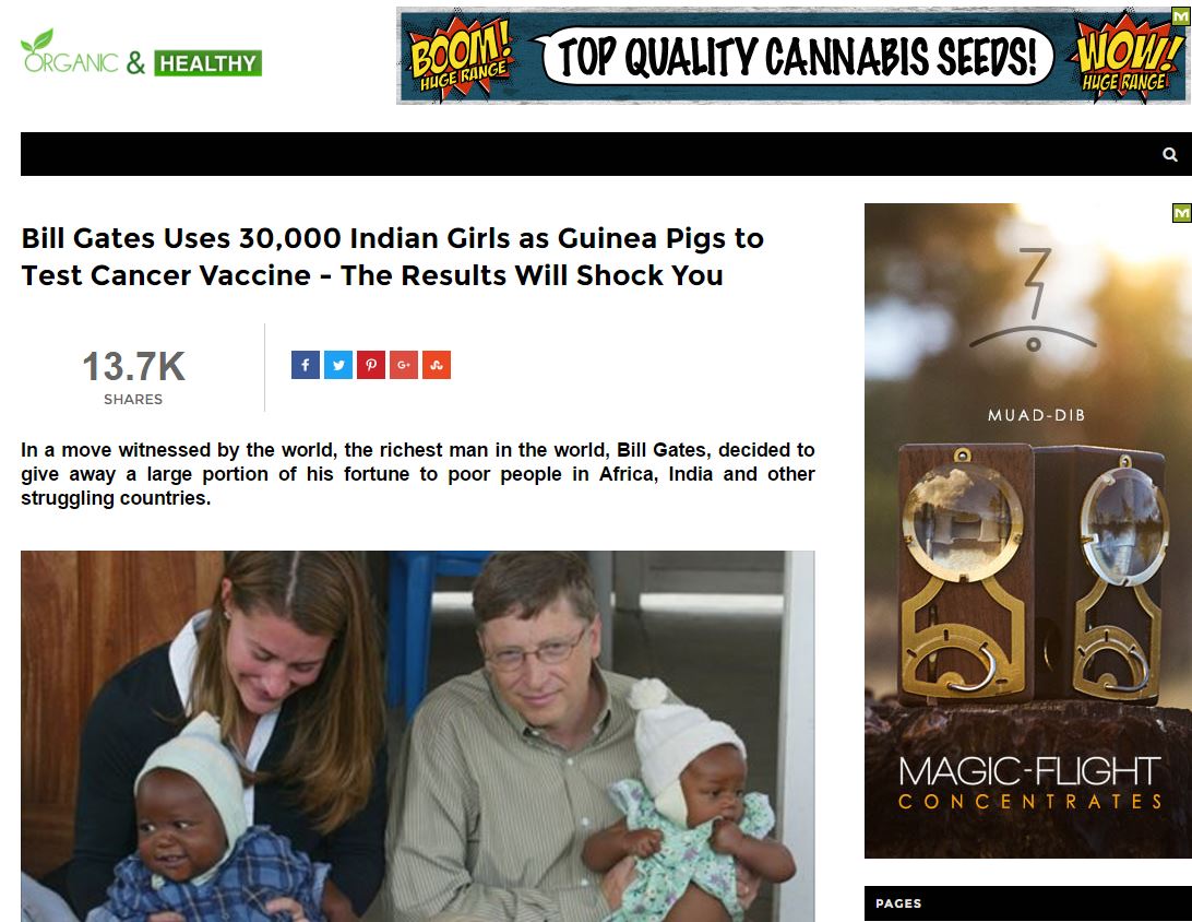 The blog post titled "Bill Gates uses 30,000 Indian girls as guinea pigs to test cancer vaccine" appeared on the Organic & Healthy anti-vaccination website in October 2016.