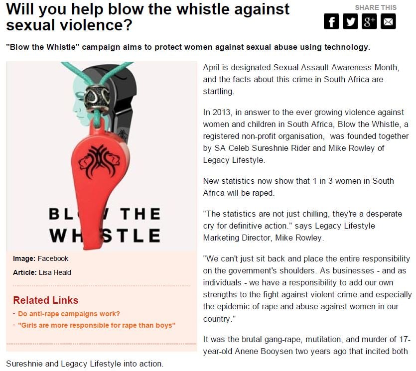 The article written by Lisa Heald, public relations manager for the Blow the Whistle campaign, as displayed on 28 April 2015.