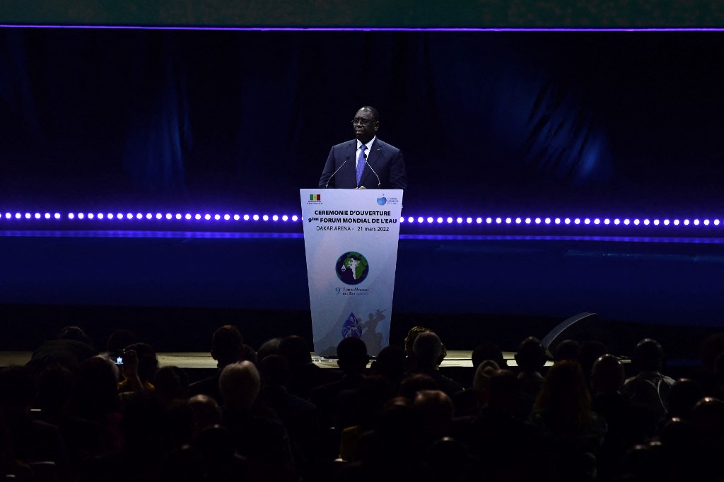 Le président sénégalais Macky Sall prononce son discours à l'ouverture du 9e Forum mondial de l'eau à Dakar, le 21 mars 2022. SEYLLOU / AFP