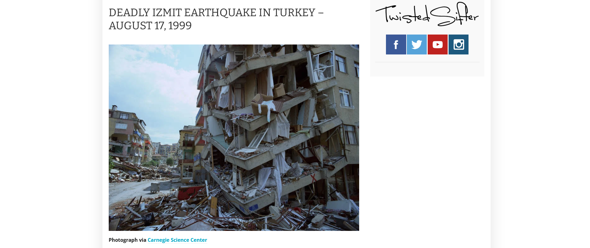 Capture d'écran sur un blog agrégateur de contenus d'une photo utilisée dans un post Facebook sur le séisme de février 2023 en Turquie.