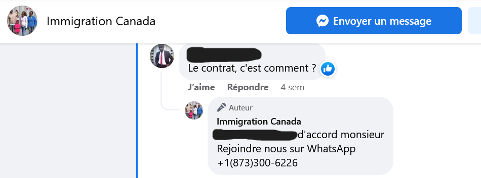 Capture d'écran d'un échange avec l'auteur d'une page Facebook frauduleuse.
