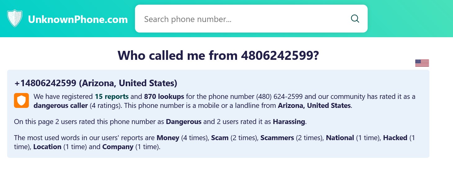 Capture d'écran du résultat d'une recherche sur un autre numéro avec UnknownPhone.