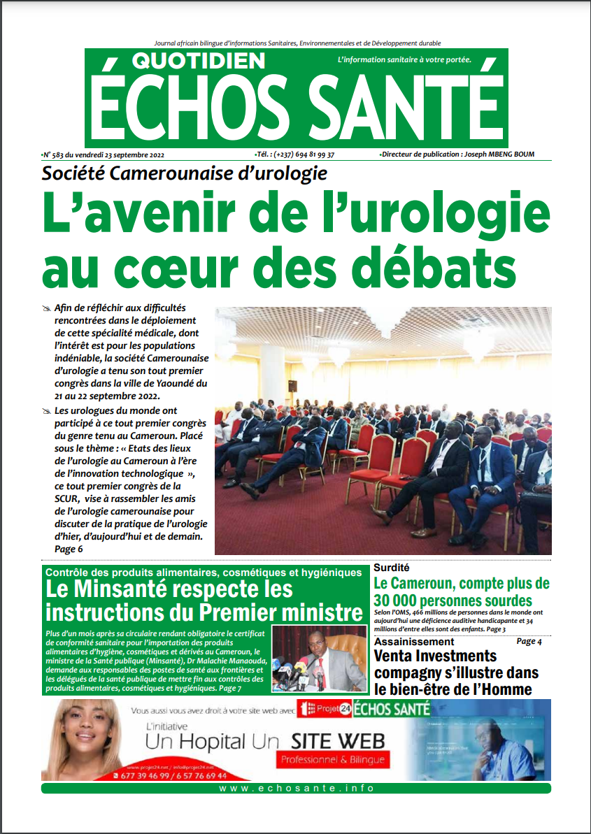 La Une du quotidien camerounais Echos Santé, N° 583 du vendredi 23 septembre 2022