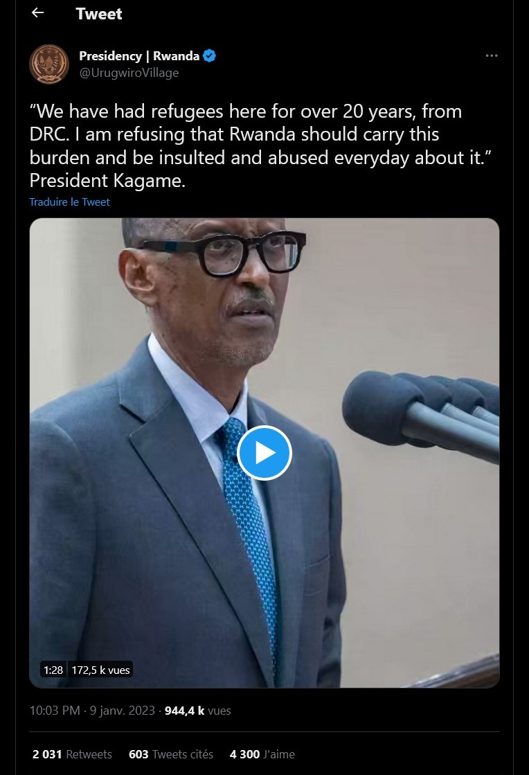 Capture d'écran d'une vidéo du président Paul Kagame postée sur Twitter le 6 janvier 2023.