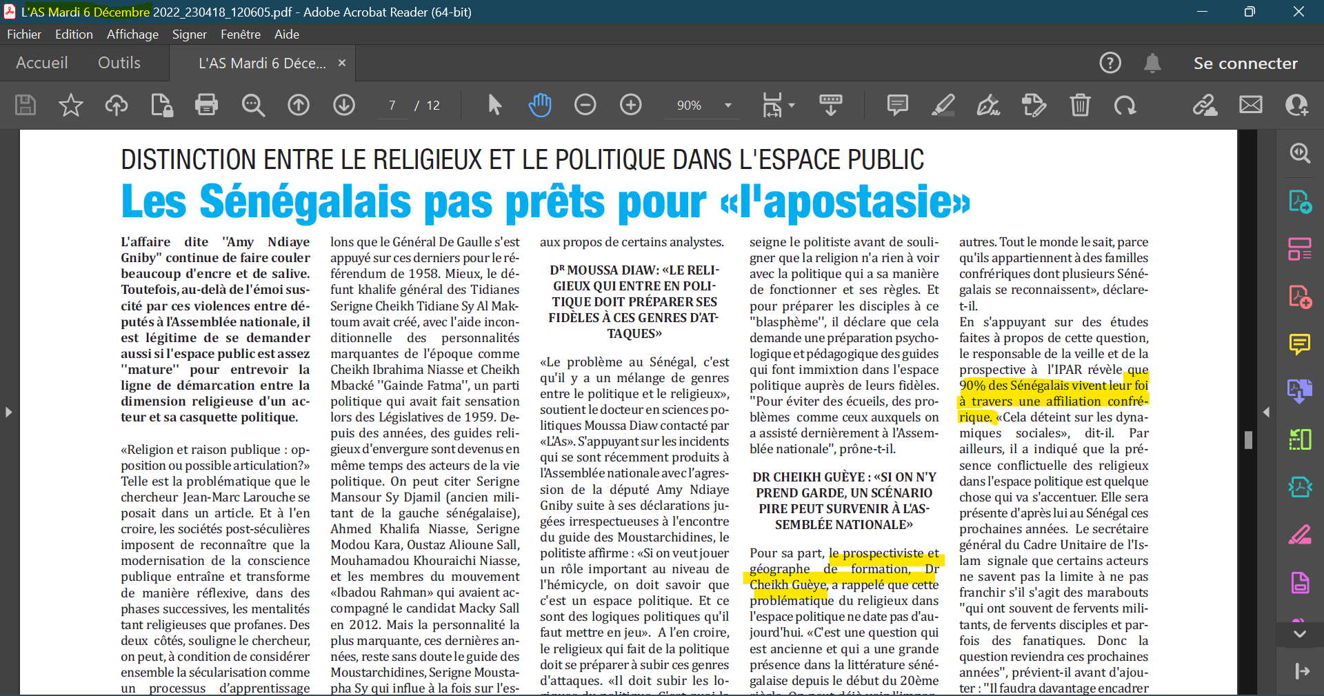  Capture d'écran. Extrait d'un article publié le mardi 6 décembre 2022 par le quotidien sénégalais L'As.