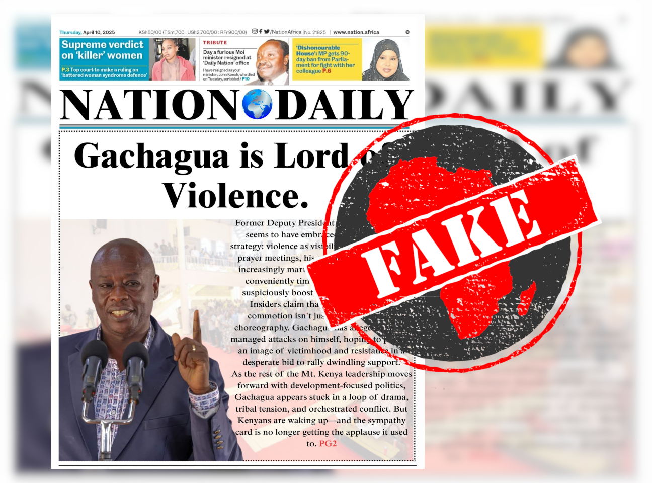Fake Daily Nation front page about Rigathi Gachagua