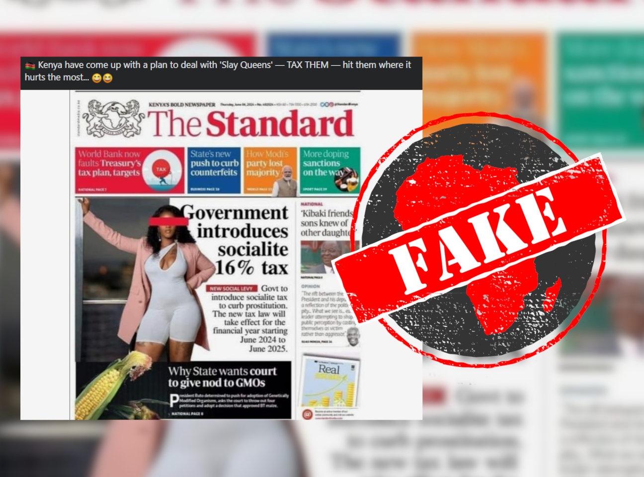Ignore fake Standard newspaper front page claiming that the Kenyan