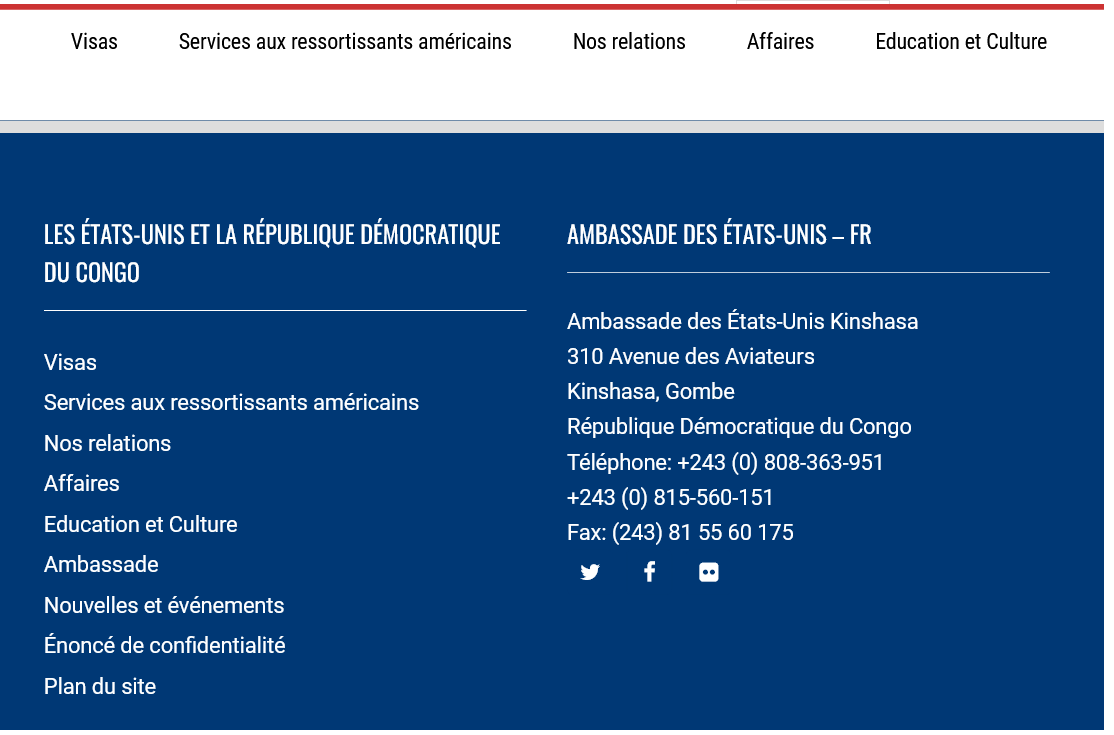 Capture d'écran de l'adresse physique de l'ambassade des États-Unis d'Amérique à Kinshasa, en RDC.