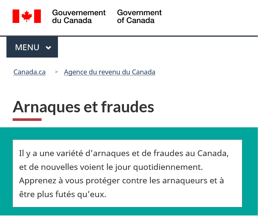 Capture d'écran d'une page du gouvernement canadien mettant en garde contre les arnaques et fraudes en ligne.