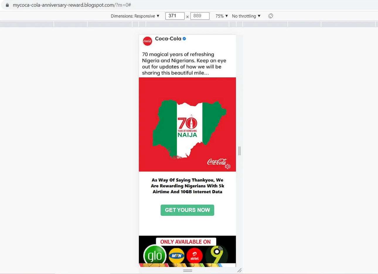 Screenshot of Coca-Cola scam page