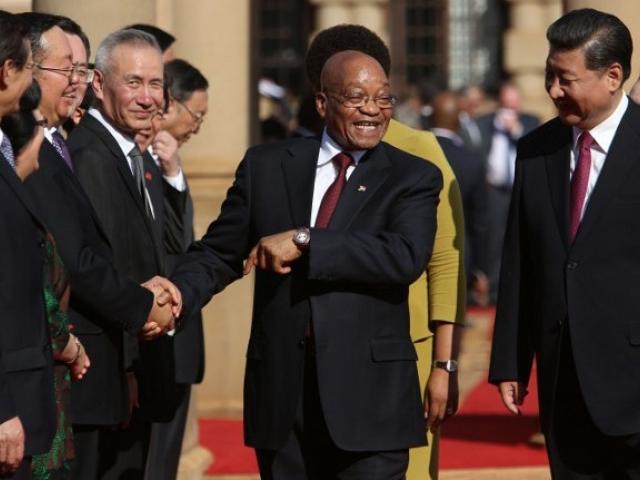 Chinese President Xi Jinping (right) introduces members of his delegation to South African President Jacob Zuma (middle) at the Union Buildings in Pretoria, during the start of his official tour to South Africa on in December 2015. Photo: AFP/KAREL P