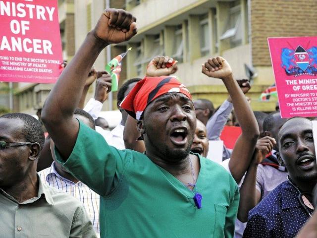 Kenyan doctors on strike protest in Nairobi on 31 January 2017. The strike began in December 2016 and has crippled public hospitals. Photo: Kevin Midigo/AFP