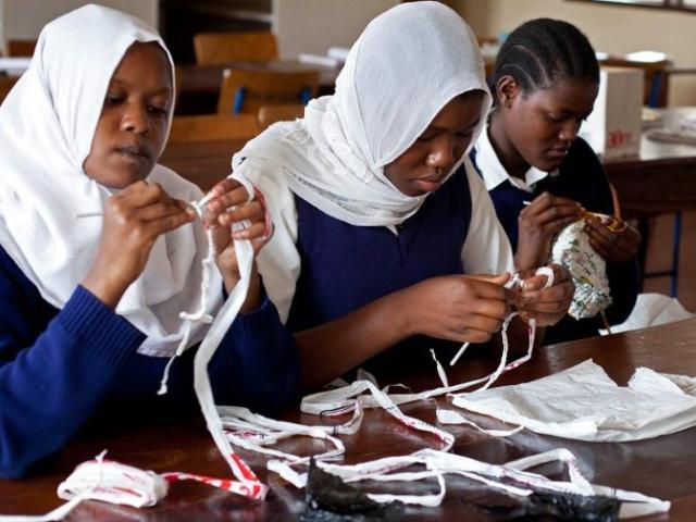 A group of girls from Taru Secondary School in Kenya are pictured during a workshop with Hope Mwanyuma (not pictured), latest UNEP Young Environmental Leader winner on February 6, 2013. Hope started a polythene recycling scheme turning discarded plas