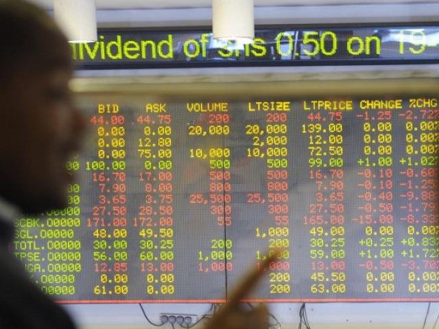 Traders monitor share prices at the Nairobi Stock Exchange floor in Nairobi on 9 October 2008. Photo: AFP/SIMON MAINA