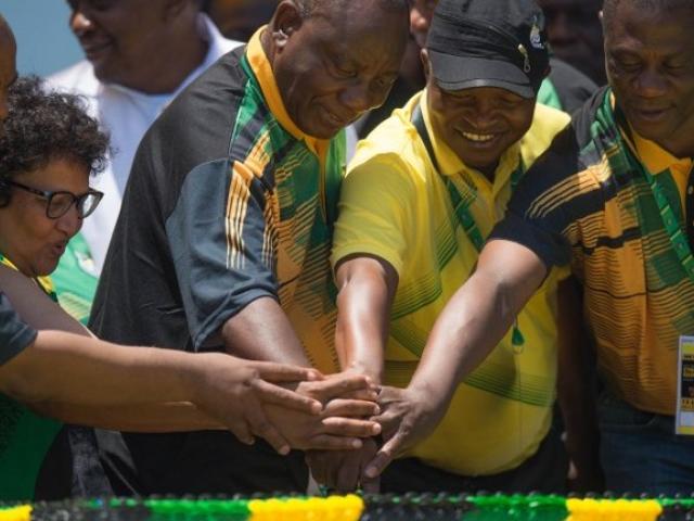The African National Congress party's top six leaders, including Cyril Ramaphosa third from the right, cut a birthday cake during the ANC's 106th anniversary celebrations in East London in January 2018. Photo: AFP/MUJAHID SAFODIEN
