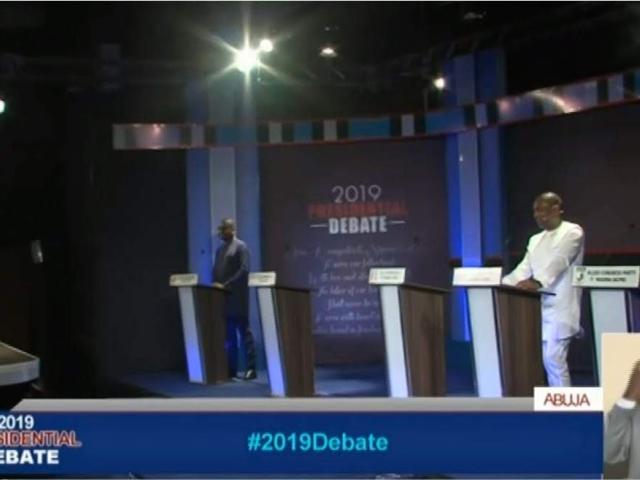 A screengrab of the three candidates at the Nigeria presidential debate on 19 January 2019. Photo: CHANNELS TELEVISION