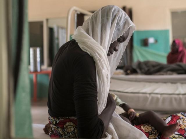 A woman holds her sick baby while waiting for a doctor at Gwoza General Hospital in north-eastern Nigeria in August 2017. Photo: STEFAN HEUNIS/AFP