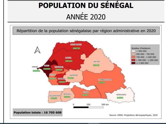 Carte re présentant la répartition de la population du Sénégal par région (Source: ANSD)