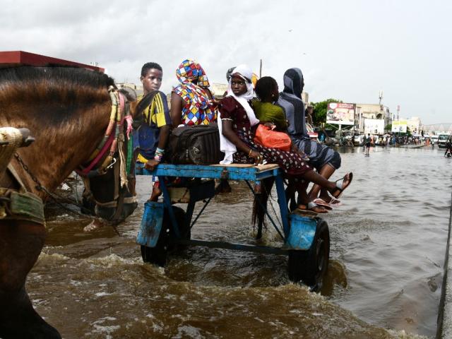 Des chevaux tirent des charrettes avec des passagers dans des rues inondées après de fortes pluies à Dakar, le 22 août 2021. SEYLLOU / AFP