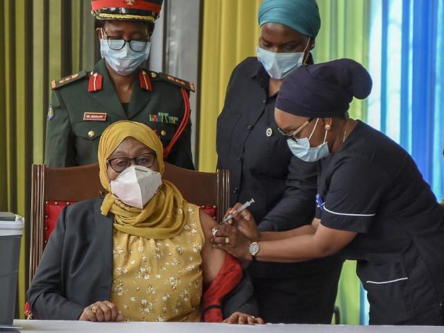Tanzania President Samia Suluhu Hassan gets vaccinated.
