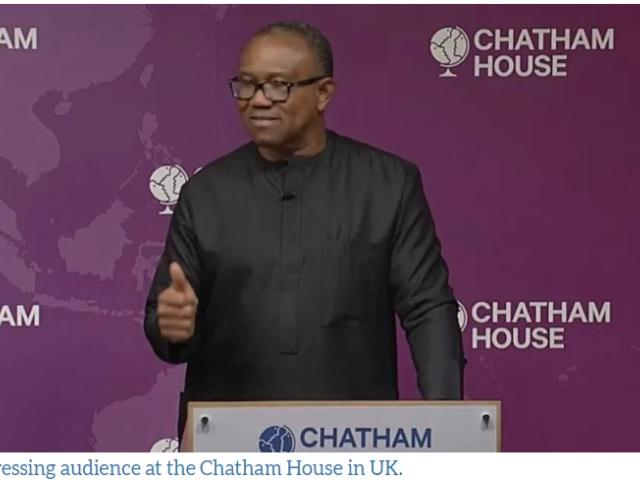 Peter Obi addressing the audience at Chatham House in UK