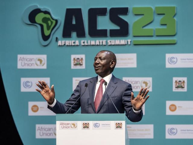 Kenyan president William Ruto delivers his remarks during the Africa Climate Summit 2023 in Nairobi.