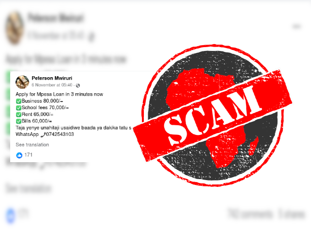 Scam loan Facebook post from 'Peterson Mwiruri' account
