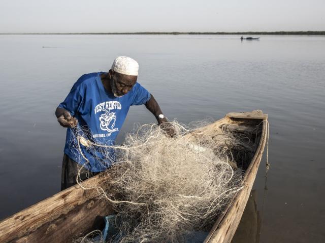 Un pêcheur prépare ses filets de pêche sur les rives du fleuve Casamance à Ziguinchor, le 11 février 2021. JOHN WESSELS / AFP