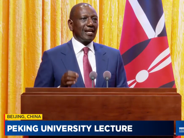 Kenya president William Ruto gives a lecture at Peking University in China in April 2025
